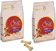 Purina One hondenbrokken Mini 1,5Kg Delicate per 2 verpakkingen + 2 gratis knookjes