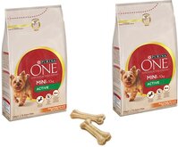 Purina One Mini hondenbrokken 1,5Kg Active per 2 zakken + 2 gratis knoken