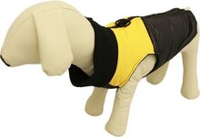 BODYWARMER MET GEEL STREEP VOOR DE HOND - L-M ( rug lengte 61 cm, borst omvang 72 cm, nek omvang 56 cm )