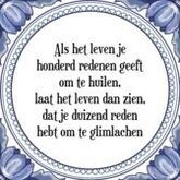 Tegeltje met Spreuk (Tegeltjeswijsheid): Als het leven je honderd redenen geeft om te huilen, laat het leven dan zien, dat je duizend reden hebt om te glimlachen + Kado verpakking & Plakhanger