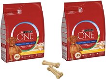 Purina One hondenbrokken Medium/Maxi 2,5Kg Adult Kip per 2 zakken + gratis 2 knookjes