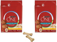 Purina One hondenbrokken Medium/Maxi 2,5Kg Junior per 2 zakken + gratis 2 knookjes