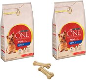 Purina One hondenbrokken Mini 1,5Kg Adult per 2 zakken + 2 gratis knookjes